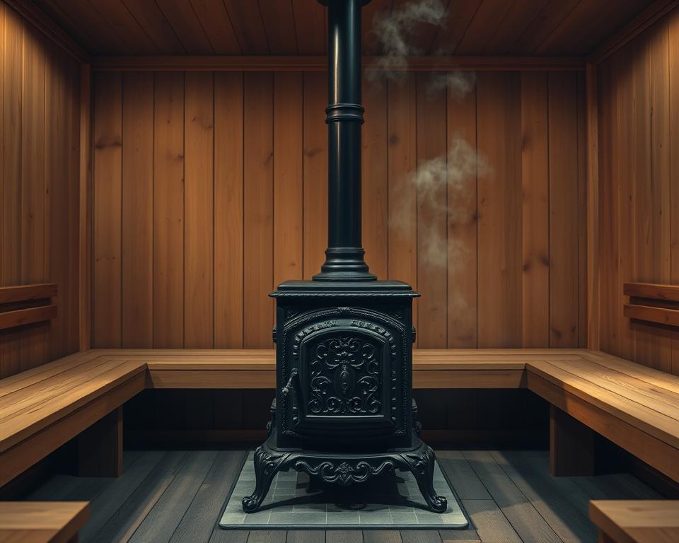 Holzofen in traditioneller Sauna