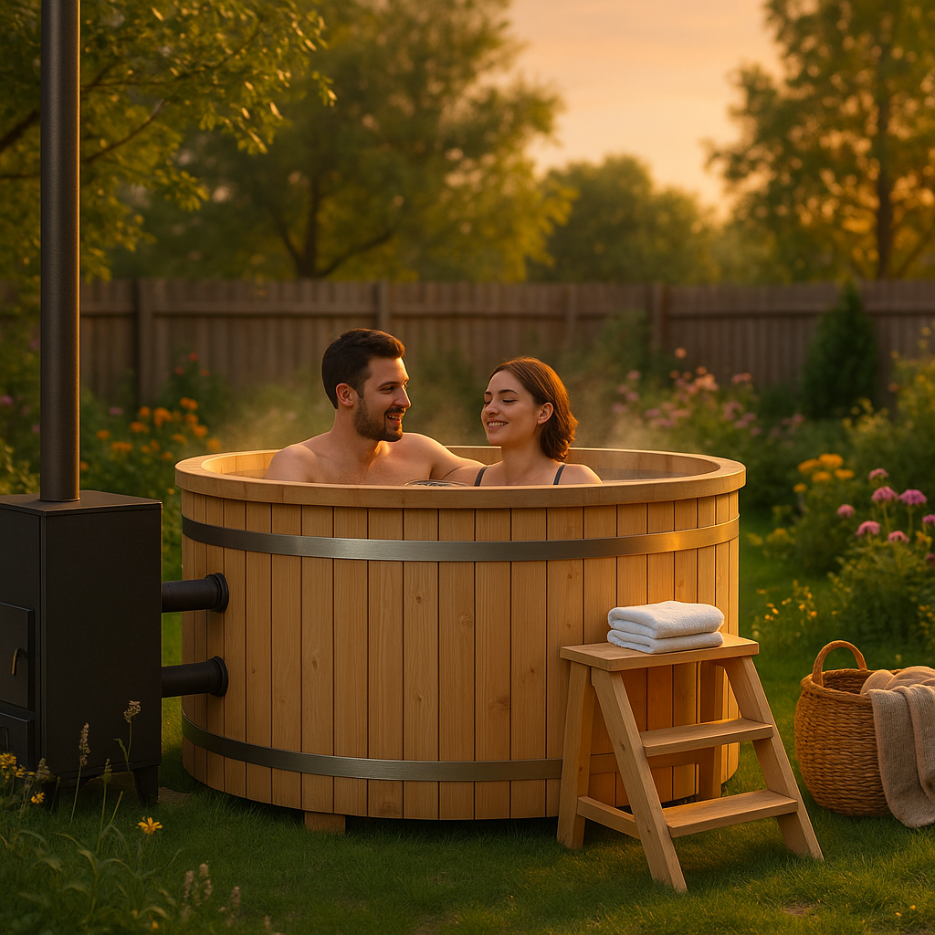 26% reduziert: Fjordholz Holzbadezuber Rund mit Außenofen