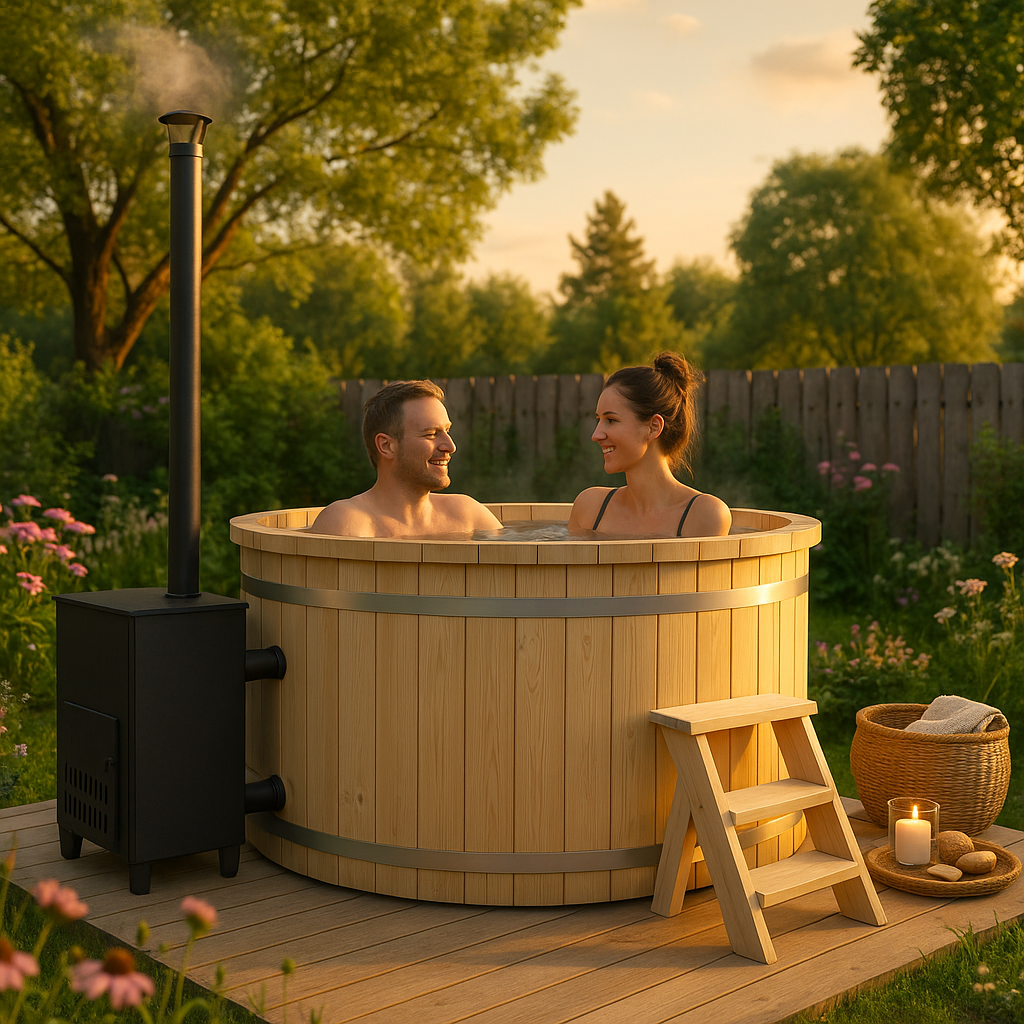 26% reduziert: Fjordholz Holzbadezuber Rund mit Außenofen