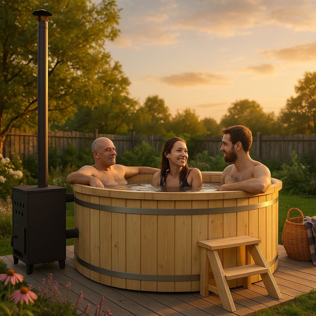 26% reduziert: Fjordholz Holzbadezuber Rund mit Außenofen