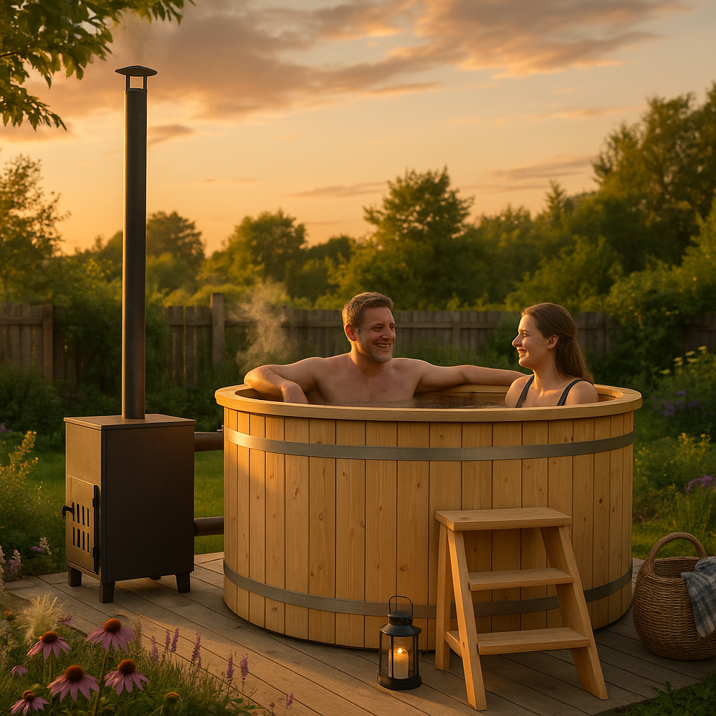 26% reduziert: Fjordholz Holzbadezuber Rund mit Außenofen