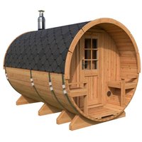 Fasssauna „Standard“ mit Terrasse 3x2m | Sauna mit Terrasse | Fasssauna kaufen | Holz-Sauna kaufen | Saunafass aus Thermoholz oder Fichtenholz