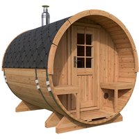 Kleine Fasssauna mit Terrasse 2x3m | Kleine Sauna kaufen | Saunafass aus Holz mit Terrasse | Kleine Fasssauna mit Holzofen oder Elektroofen