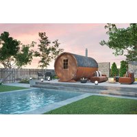 Große Fasssauna 4x2m | Große Fasssauna mit Holzofen oder Elektroofen | Runde Holz-Sauna kaufen | Großes Saunafass aus Thermoholz