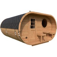 Großes Fasssauna Oval „Deluxe“ 4x4m | Große Sauna mit Terrasse kaufen | Saunafass aus Holz mit Terrasse | Sauna aus Thermoholz oder Fichtenholz