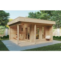 Gartensauna “Mini Hansa Sauna Lounge” 5x5m | 5x5m große Gartensauna mit Vorraum | Outdoor-Sauna kaufen | Saunahaus aus Holz mit Sonnendach, mit Terrasse, mit Sauna