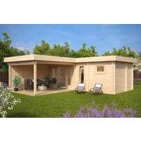 Gartenhaus mit Sauna und Terrasse “Hansa A” 7x7m | Gartenhaus mit Sauna aus Holz | 3x7m großes Gartenhaus mit Anbau | Saunahaus mit Sonnendach, mit Terrasse, mit Sauna