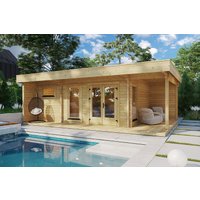 Gartenhaus mit Sauna “Hansa Lounge XXL” 8x5m | Großes Gartenhaus mit Sauna | Saunahaus mit Flachdach | Blockhaus mit Sauna mit Sonnendach, mit Terrasse, mit Sauna