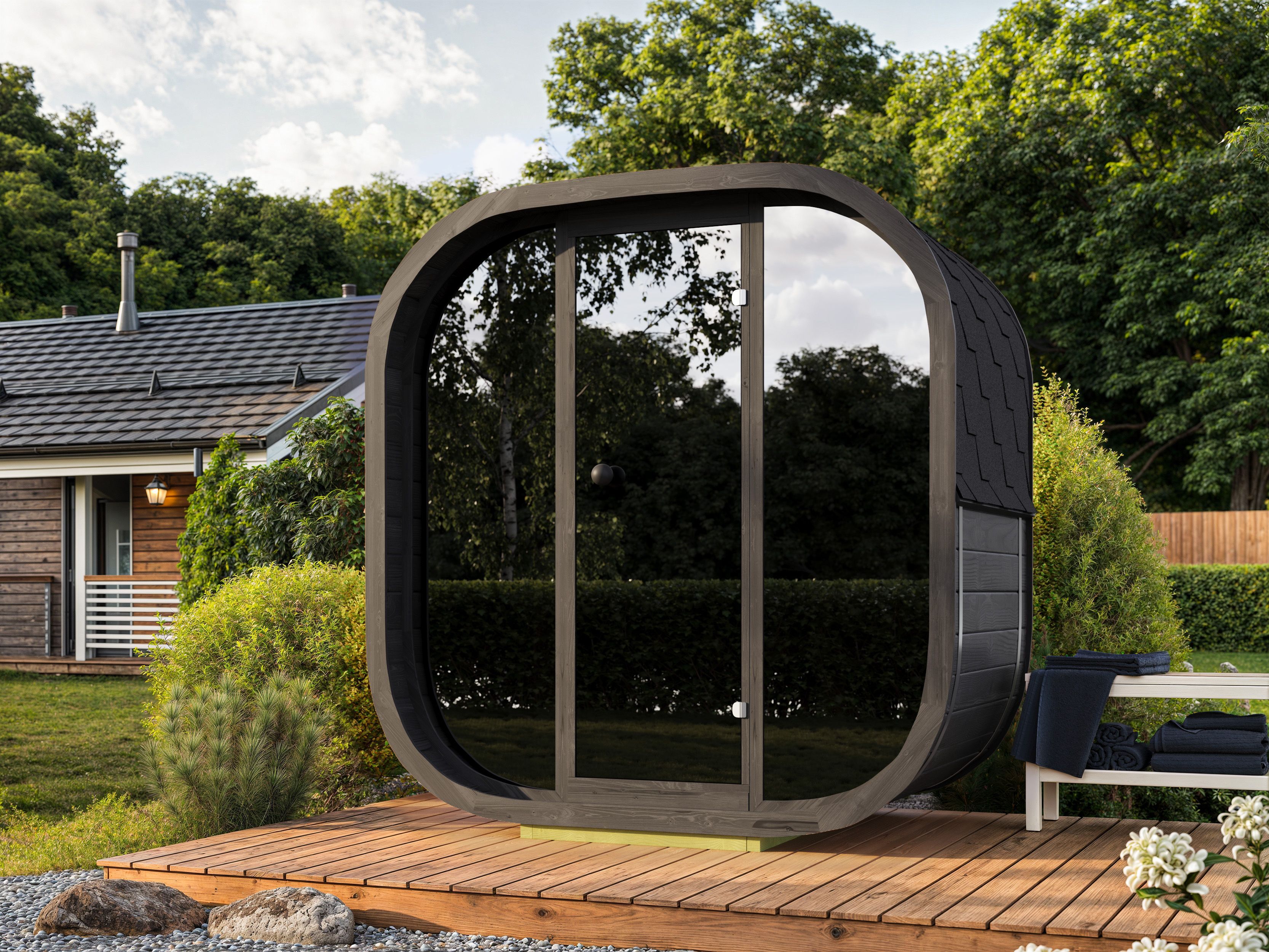 26% reduziert: Fjordholz Fass-Sauna Modell Cubus-2 Black Edition